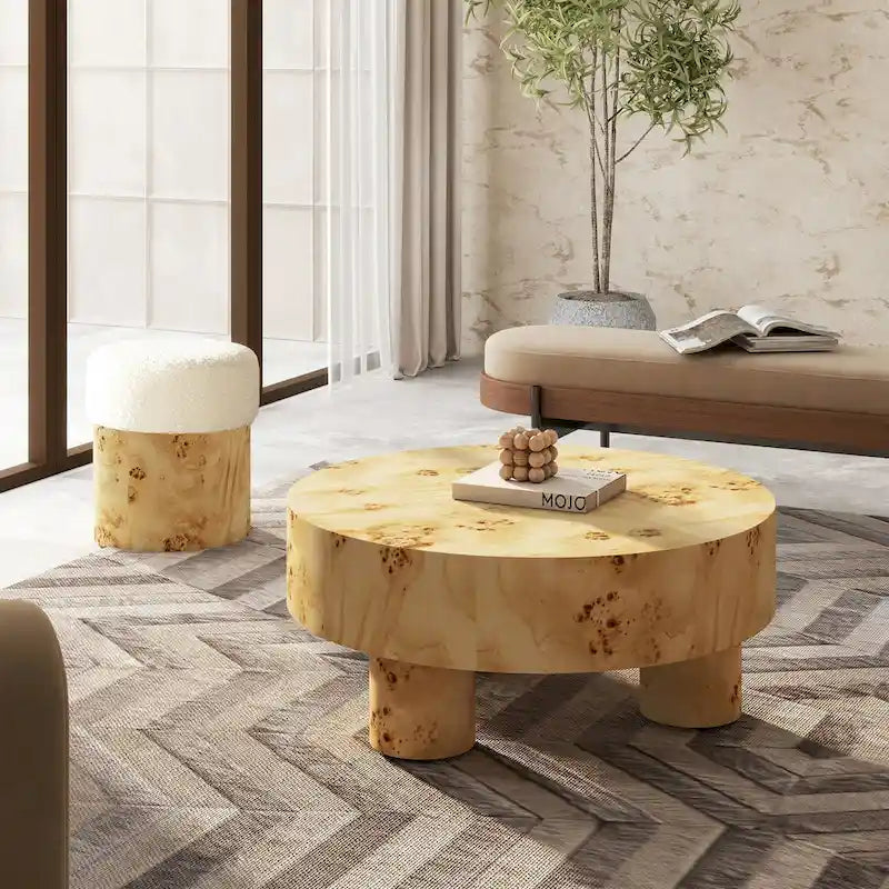 Table basse ronde en loupe de 35,5 avec pieds colonnes