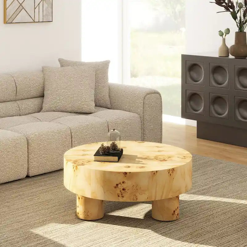 Table basse ronde en loupe de 35,5 avec pieds colonnes
